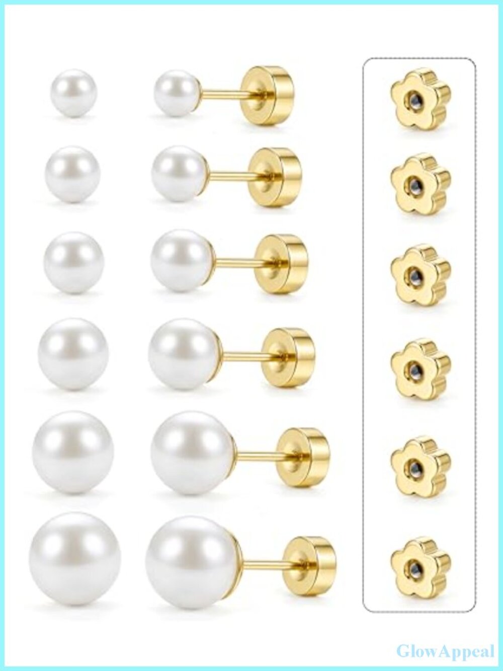 14K Gold Plated Pearl Stud Earrings Set - Hypoallergenic Flat Back Earrings for